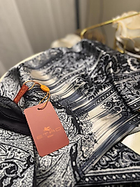 Etro Marka Yeni Sezon İthal Etnik Desen Vual İpek Şal - Lacivert Siyah