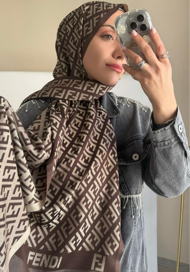 Fendi Desenli İpek Kaşmir Çift Taraflı Şal - Kahve