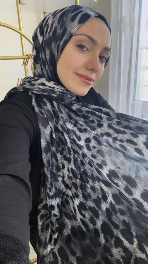 Leopar Desen Pamuk İpek Şal  - Gri