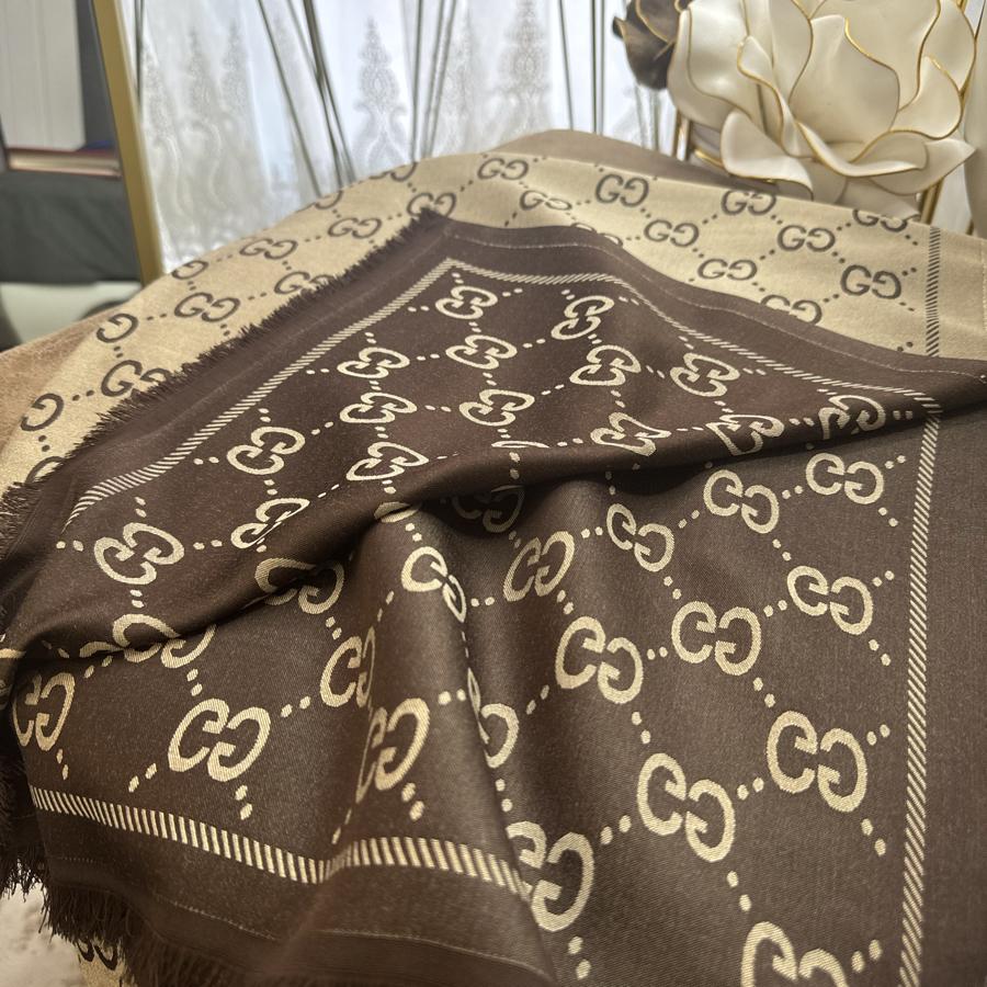 G Desen Çift Taraflı İpek Şal - Kahve