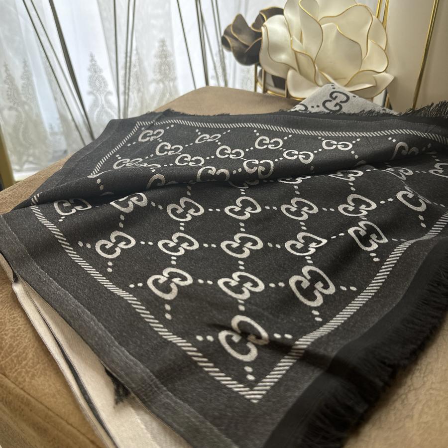 G Desen Çift Taraflı İpek Şal - Gri Siyah