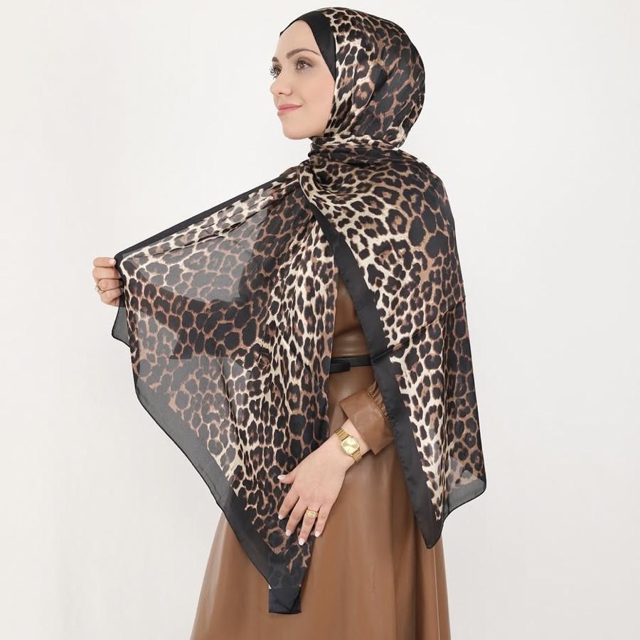 İthal Vual Çift Taraflı Leopar Desenli Şal - Kahve