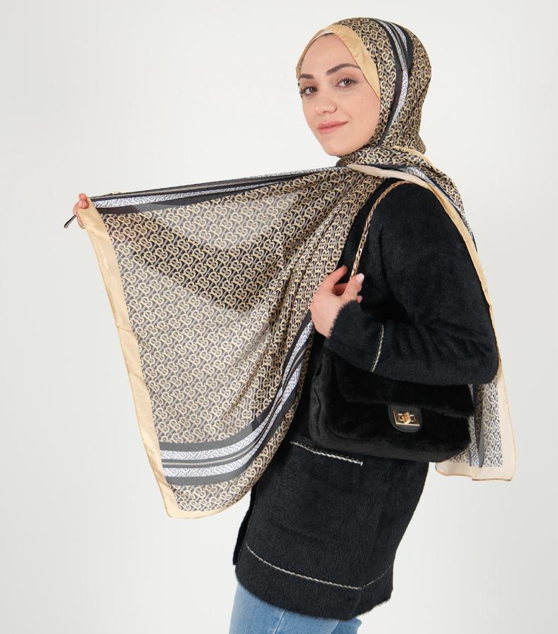 Burberry Çift Taraflı Vual İpek Şal- Gold Siyah