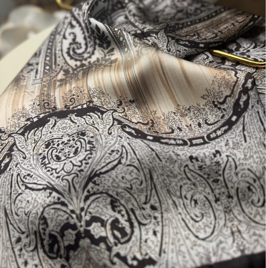 Etro Marka Yeni Sezon İthal Etnik Desen Vual İpek Şal - Gold Kahve