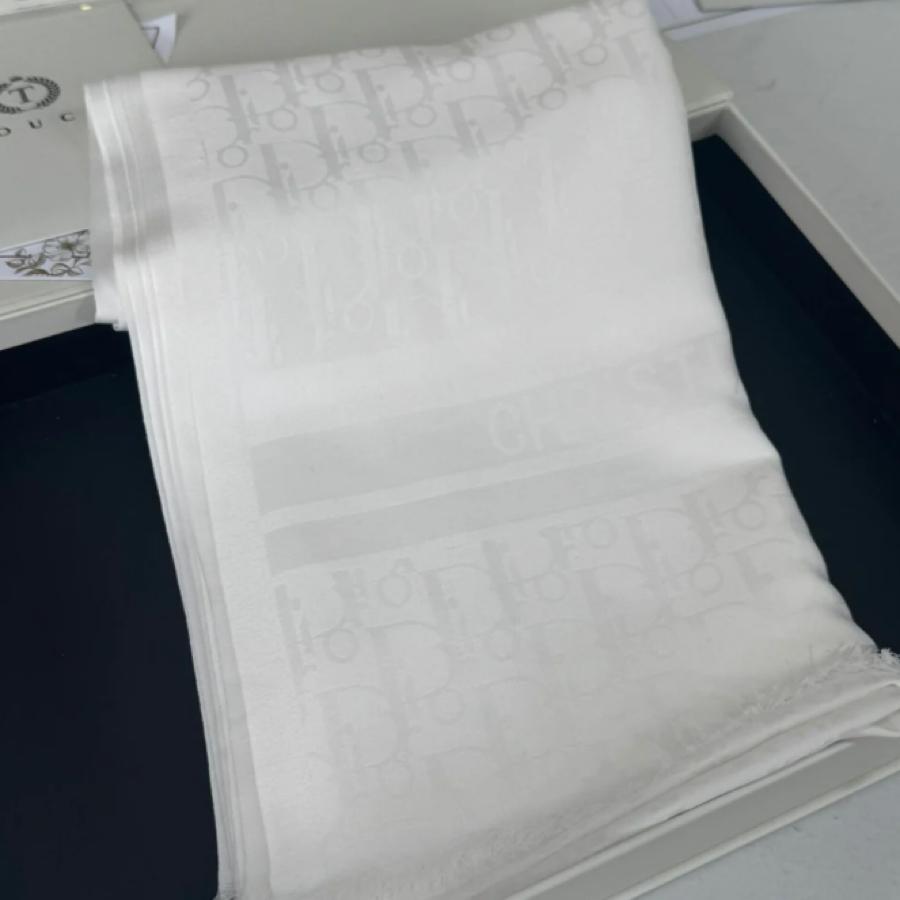 Dior Desenli İpek Kaşmir Çift Taraflı Şal - Ekru